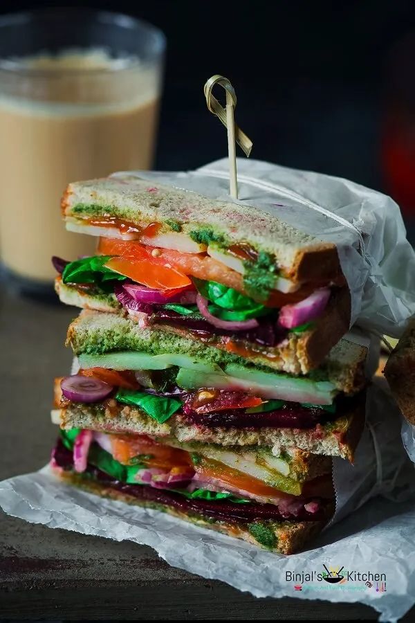 bombay sandwich (indian style club sandwich) binjal's veg kitchen