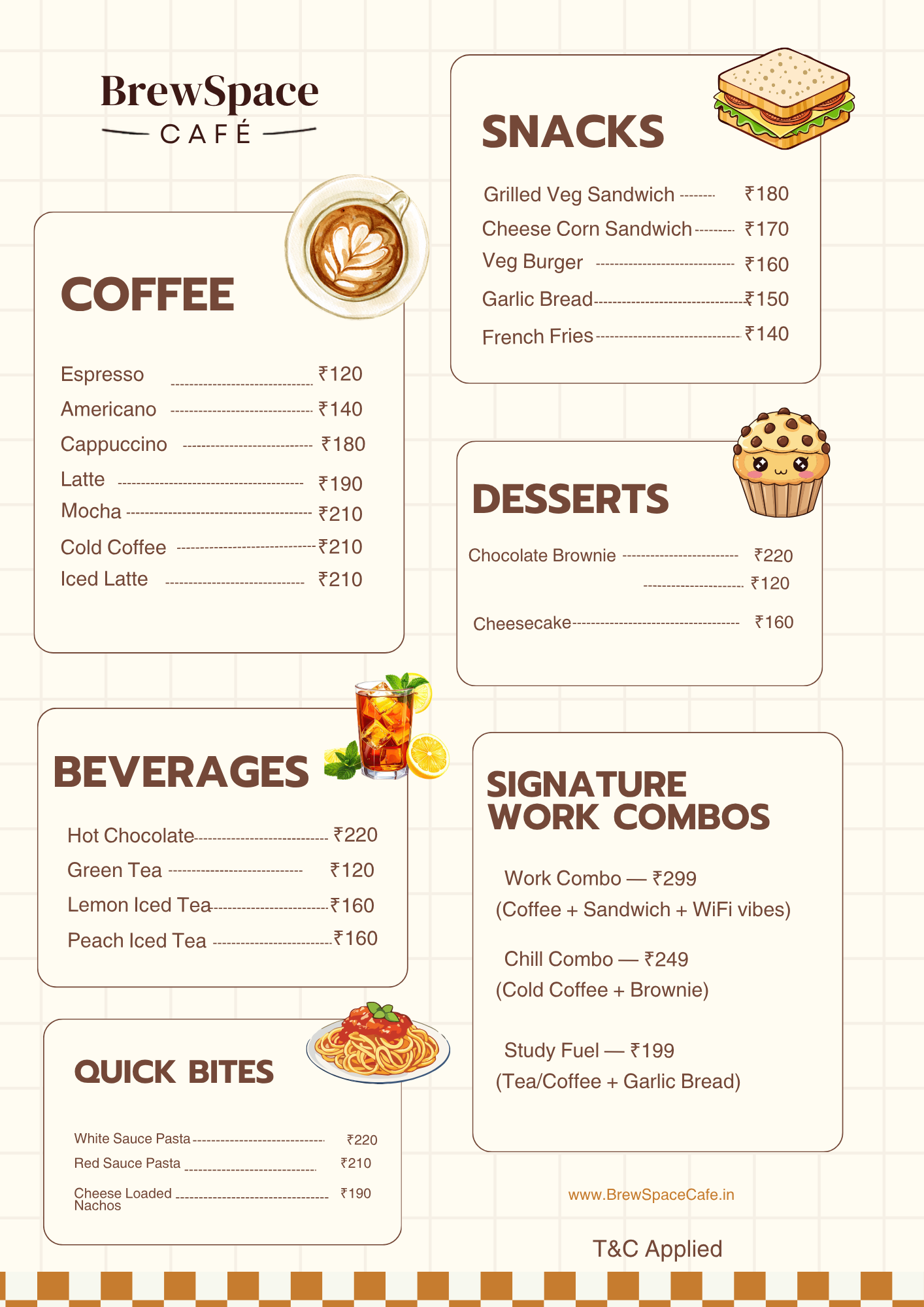 Coffee menu at BrewSpace Café Jabalpur Delicious snacks in café Jabalpur